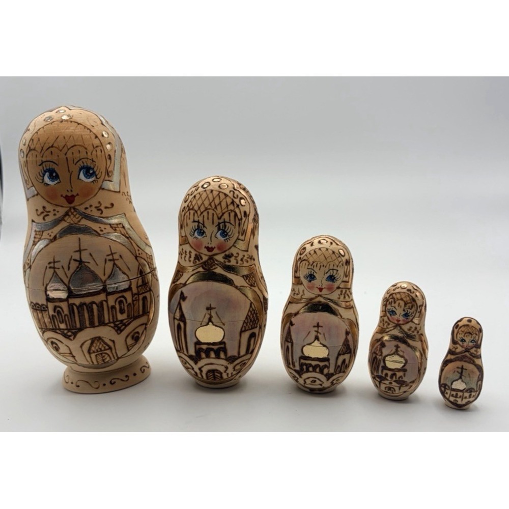 Russian Matryoshka Nesting Doll Set of 5 Wood Burned Silver Handpainted 5.5"